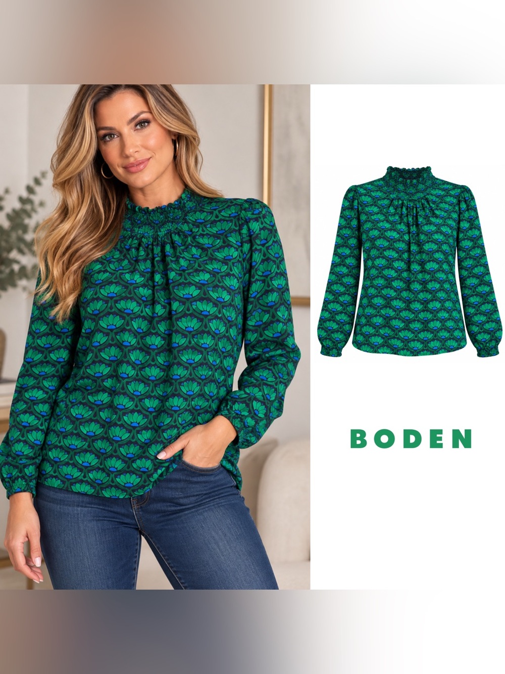 Boden Green and Blue Floral Smocked-Neck Blouse